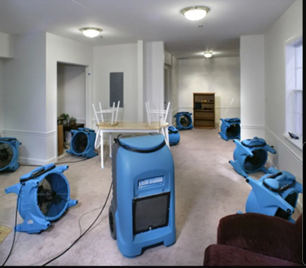 Air movers and dehumidifier setup for Water Extraction & Removal in Harvest